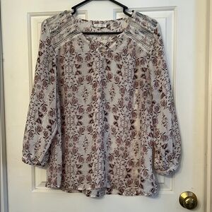 Maurices Brown and Cream Relaxed Blouse with Ruffled Sleeves